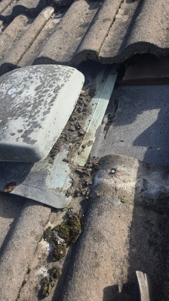 Plastic roof vent with the tile removed, showing the flange angled downward under the tiles in Vancouver.