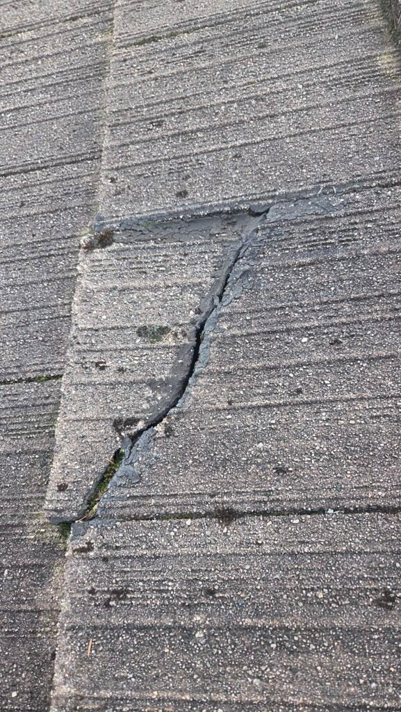 A broken concrete roof tile with caulking smeared over the break as an attempted repair, on a Coquitlam tile roof.